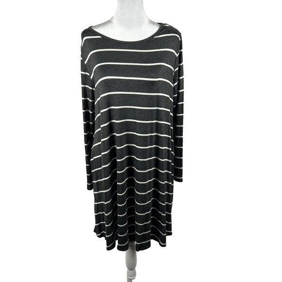 Bombom Shift Dress Grey Striped Long Sleeve Stretch Large Elbow Patch Casual - Picture 1 of 5